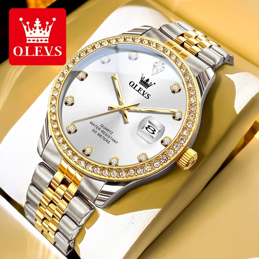

OLEVS 3629 Men Watch Fashion Quartz Watch Stainless Steel Diamond Watchband Round-dial Wristwatch Calendar Luminous Watch