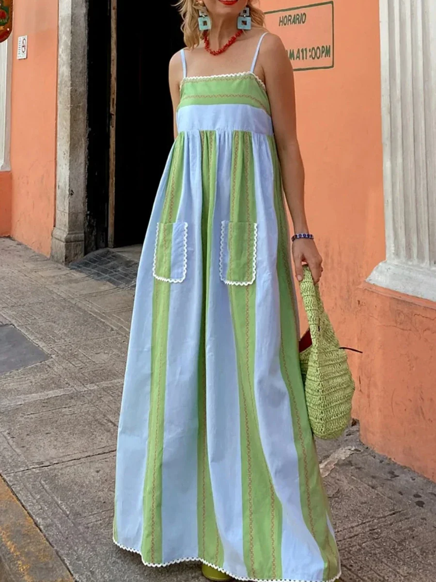 

New Fashion Womens Striped Long Dress Summer Sleeveless Spaghetti Strap Front Pocket Dress Flowy Beach Dress Hot Sale S M L