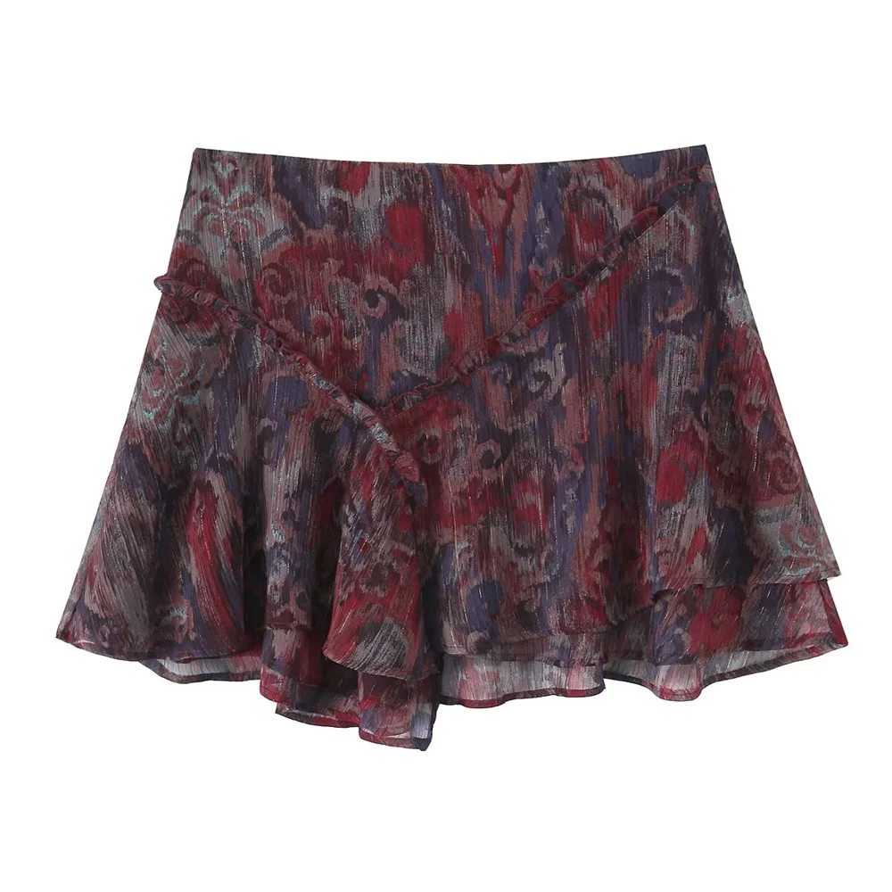 

PB&ZA2025Layered Decorative Metallic Line Printed High Waist Short Mini Skirt Skirt Summer Women's Wear