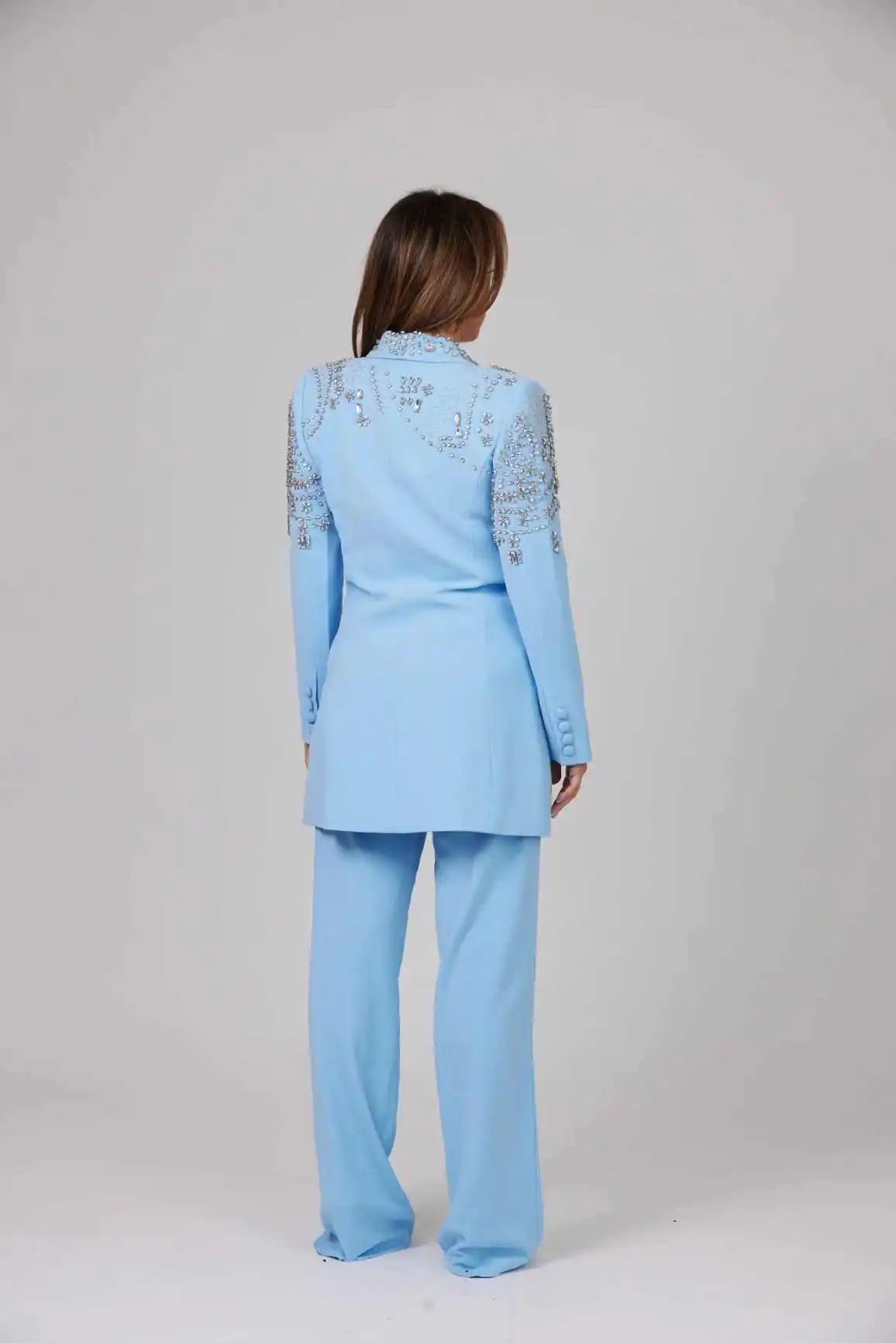 Himmelblaue Damen-Hosenanzüge, 2-teilig, Kristallperlen, Damenbekleidung, Blazer, Abschlussball, Geburtstagsfeier, individuelle Jacken-Sets