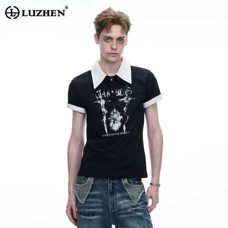 LUZHEN 2026 Summer Color Contrast Splicing Design Short Sleeve Lapel T-shirts Men's Stylish Handsome Casual Male Clothes JY7480