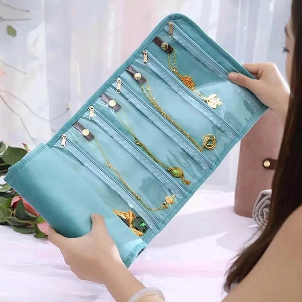 Roll-Up Style Jewelry Organizer Foldable Zipper Anti-lost Storage Bag Multi-pocket Flannel Jewelry Display Holder