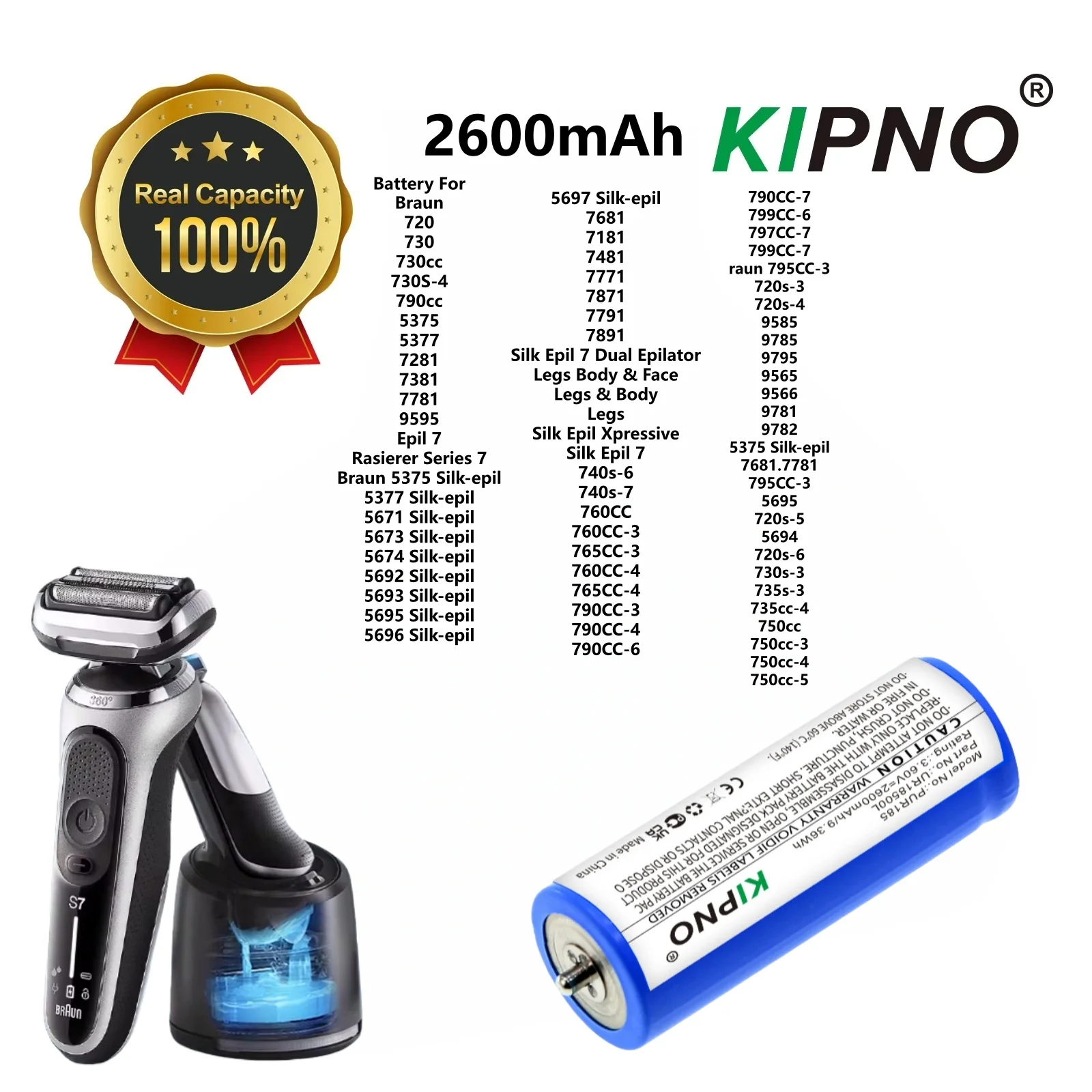 

2600mAh Replacement Battery for Braun UR18500Li Shaver Compatible with 3018765 720 730cc Epil 7 730S-4 67030625 703-0925