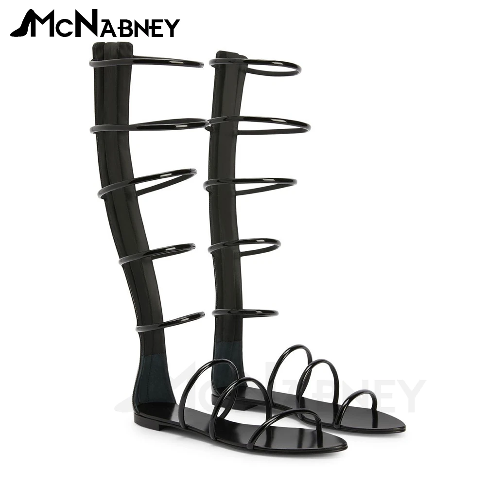 Zipper Sandals Boots Patent Leather Summer Shoes Flat Round Toe Sandals Knee Boots Summer Sandals Women Black Gold Flats Shoes