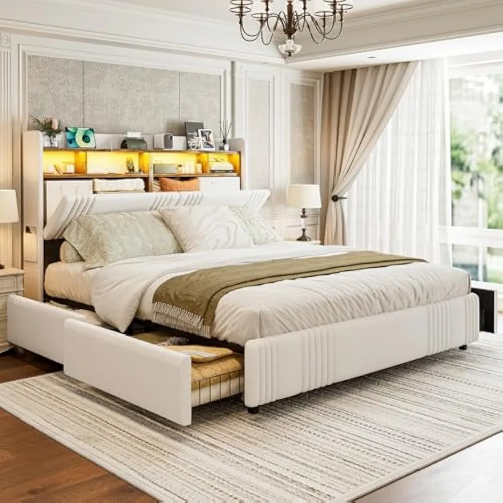 

California King Bed Frames with Hidden Storage Headboard & 4 Drawers, 49.2” Tall Upholstered Wingback Headboard with