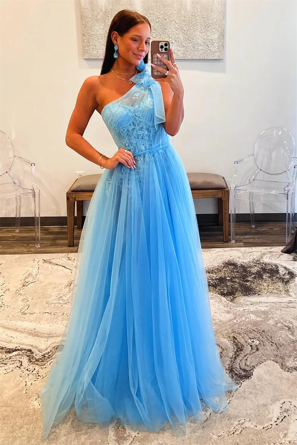 

Annie Light Blue One Shoulder Prom Dresses Tulle Embroidery Evening Dresses A-shaped Elegant Party Dress Robes De Soirée