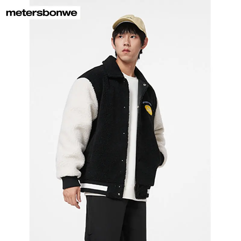 Metersbonwe-Men Lapel Collar Artificial Lamb Down Coat  Exquisite Embroidery Color Clash Jacket Comfort Soft Warm Autumn Winter