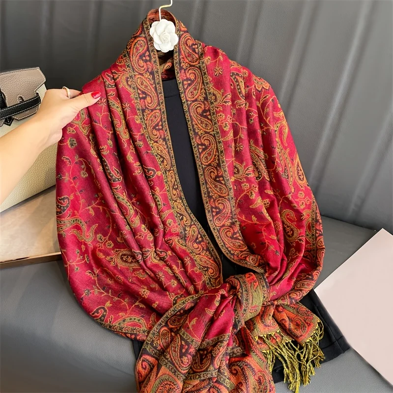 Autumn Stylish Jacquard Tassel Scarf Vintage Mature Paisley Print Shawl Going Out Warm Windproof Blanket Scarf