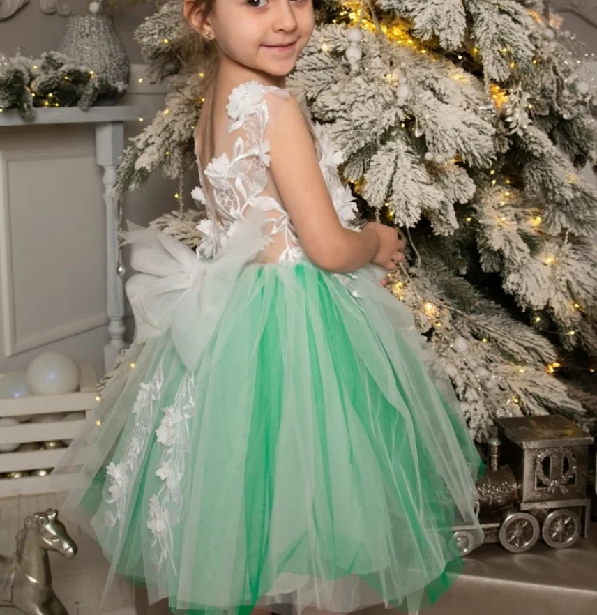 Vestido de tul verde para niña de las flores, traje de encaje blanco con lazo para boda, fiesta de cumpleaños, primera comunión, 12M, 24M, 4T 6T