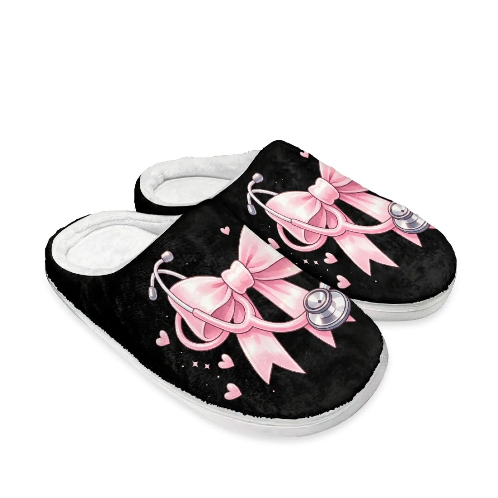 PENSTROLL Pink Stethoscope Bow Closed Toe Cotton Slippers Flats Slippers for Bedroom Wfh Cozy Essentials Slippers