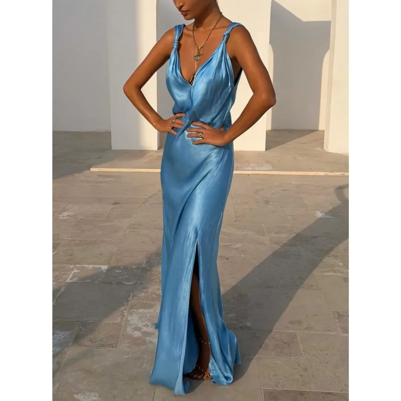 Sexy Satin High Split Party Dress Women Slim Fit Backless Sleeveless Deep V-neck Evening Club Summer Vacation Dresses Female view 5