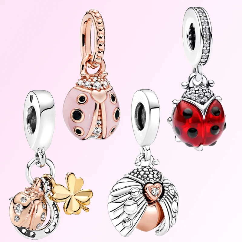 Sparkling Hot Sale Pink Rose Gold Ladybug Lucky Charm Beads Fit Original 925 Sterling Silver Pandora Bracelet DIY Women Jewelry