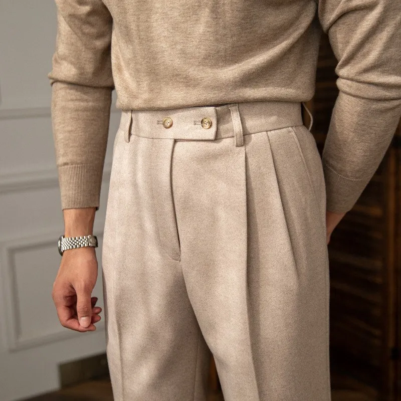 

2025 Autumn Winter New Men High Waist Woolen Straight Leg Casual Trousers Warm Draping Solid Color Versatile Suit Pants