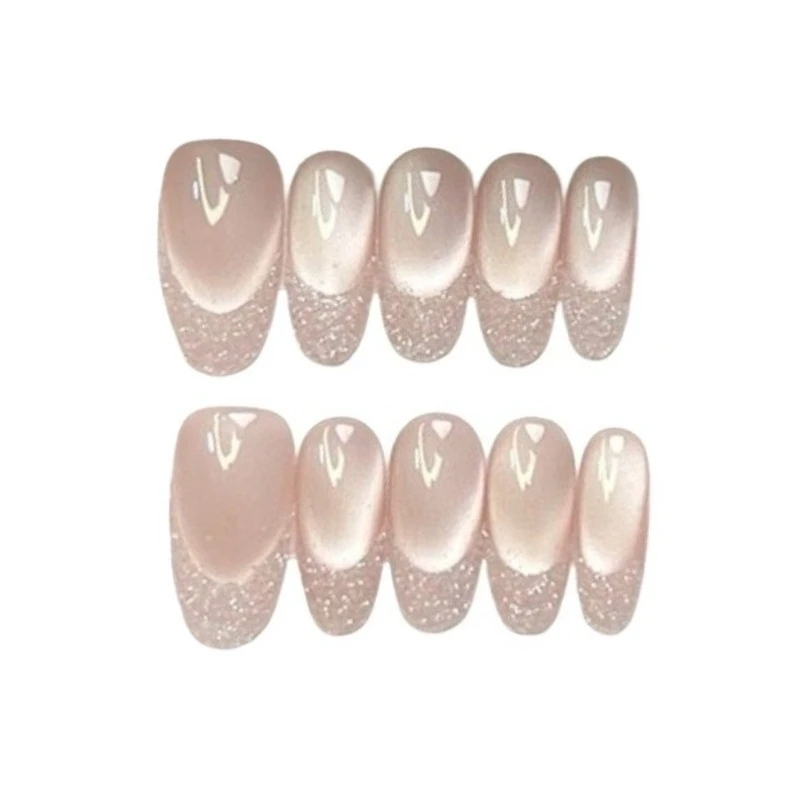 10 Pieces French Broken Diamonds Sparkling Glass Beads Cat Eyes Handmade Press On Nails Blush Crystals Art Fake Nails Reusable view 5