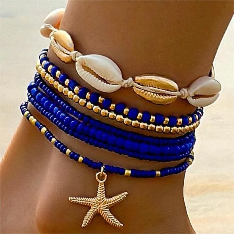 Cross-border New Bohemian Holiday Wind Shell Beaded Braided Women\'s Anklet Beach Wind Starfish Rice Beads Seven-piece Set 2024