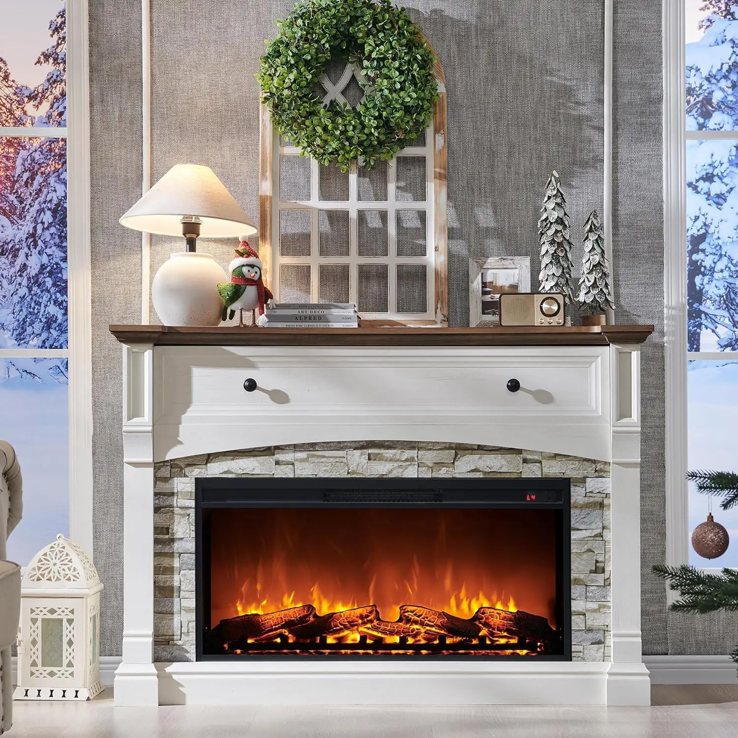 

52" Farmhouse Electric Fireplace with Mantel Tall TV Stand Open Cubby 36" Freestanding Electric Customizable Living Room Decor