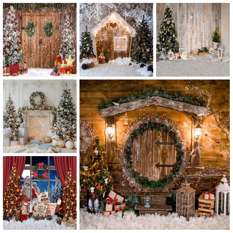 Christmas Backdrop Xmas Tree Fireplace Gift Winter Window Santa Claus Baby Birthday Family Party Photography Background Decor