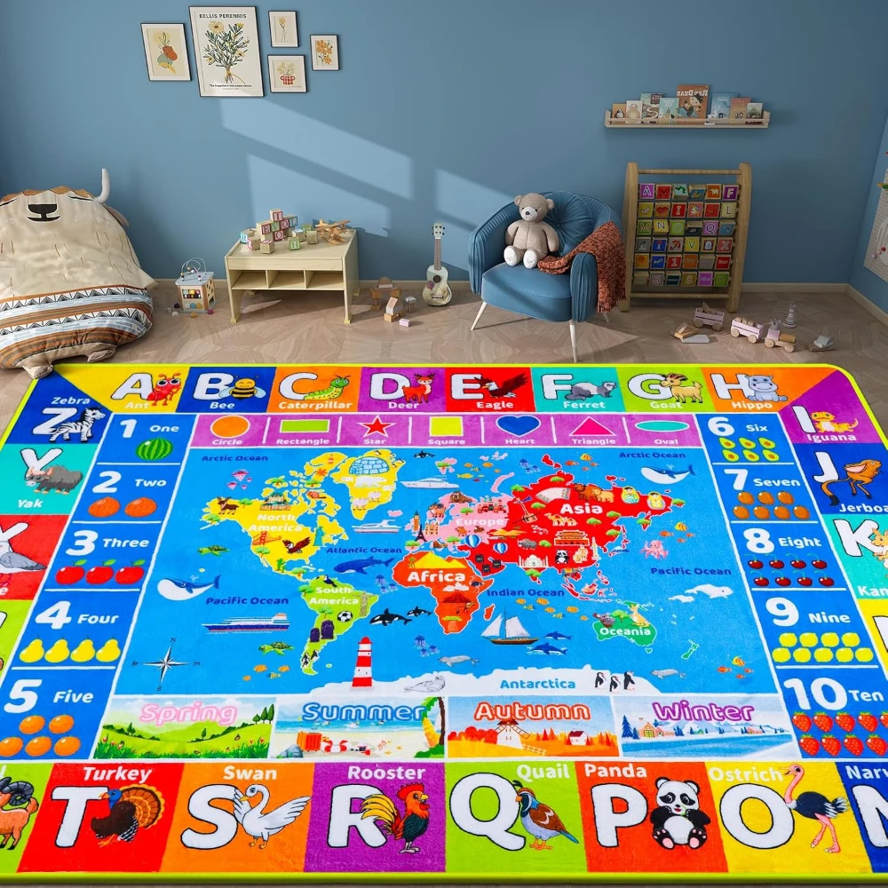 World Map ABC Kid Rug for Playroom Classroom Play Rug Baby Playmat Alphabet Rug Primary School Preschool Mat Room Learning Use