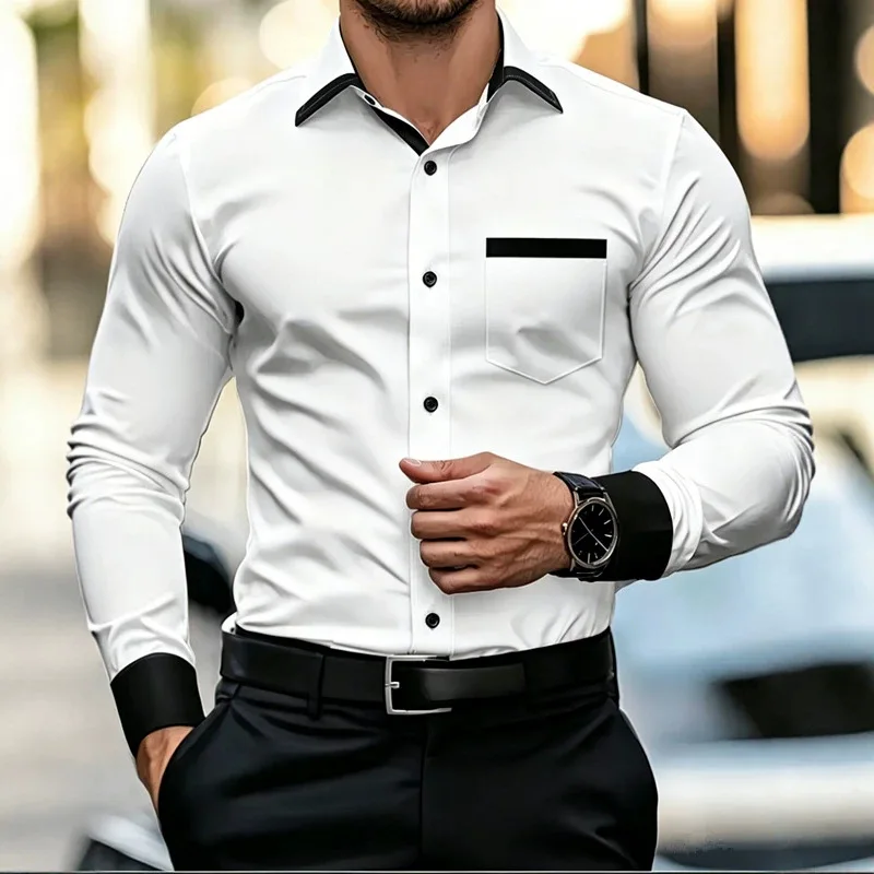 Business Casual No-Iron Shirt Men's Contrasting Collar Elastic Slim-fit Long Sleeve Shirt Commuter Daily Men's Shirt