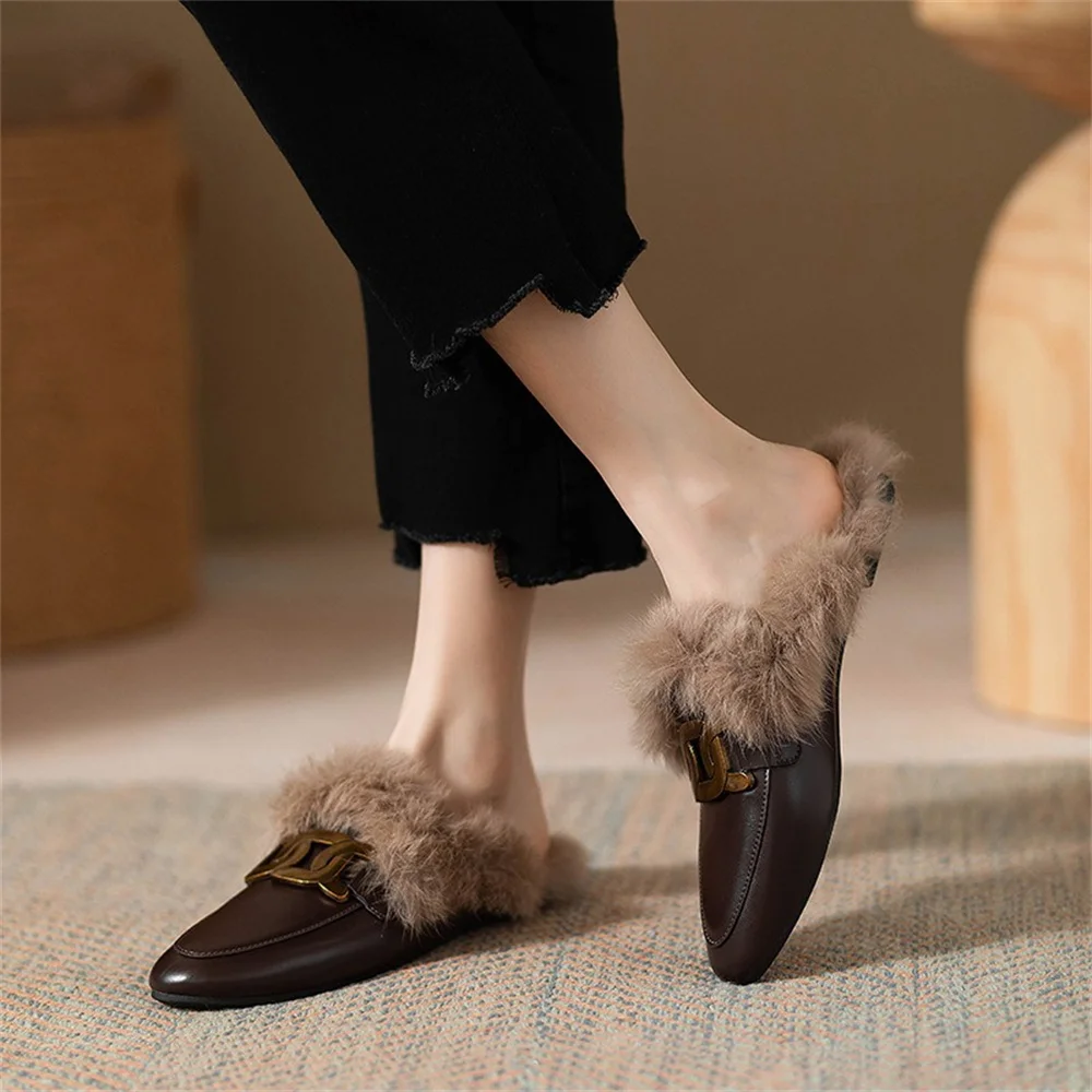 TRAF Women Wine Red Thicken Plush Fur Slippers 2024 Winter Winter Warm Slip On Chunky Loafers Mules Woman Casual Flip Flops Shoe