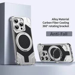 Carbon Fiber Metal Anti Fall Case for iPhone 16 15 14 13 Pro Max Magnetic 360 Rotating Bracket Aluminium Alloy Shockproof Case