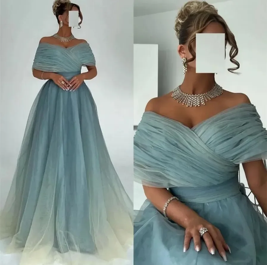 

Customized Blue Tulle Off Shoulder A Line Party Prom Dress For Woman Designer Sexy Evening Dress Girl Dresse