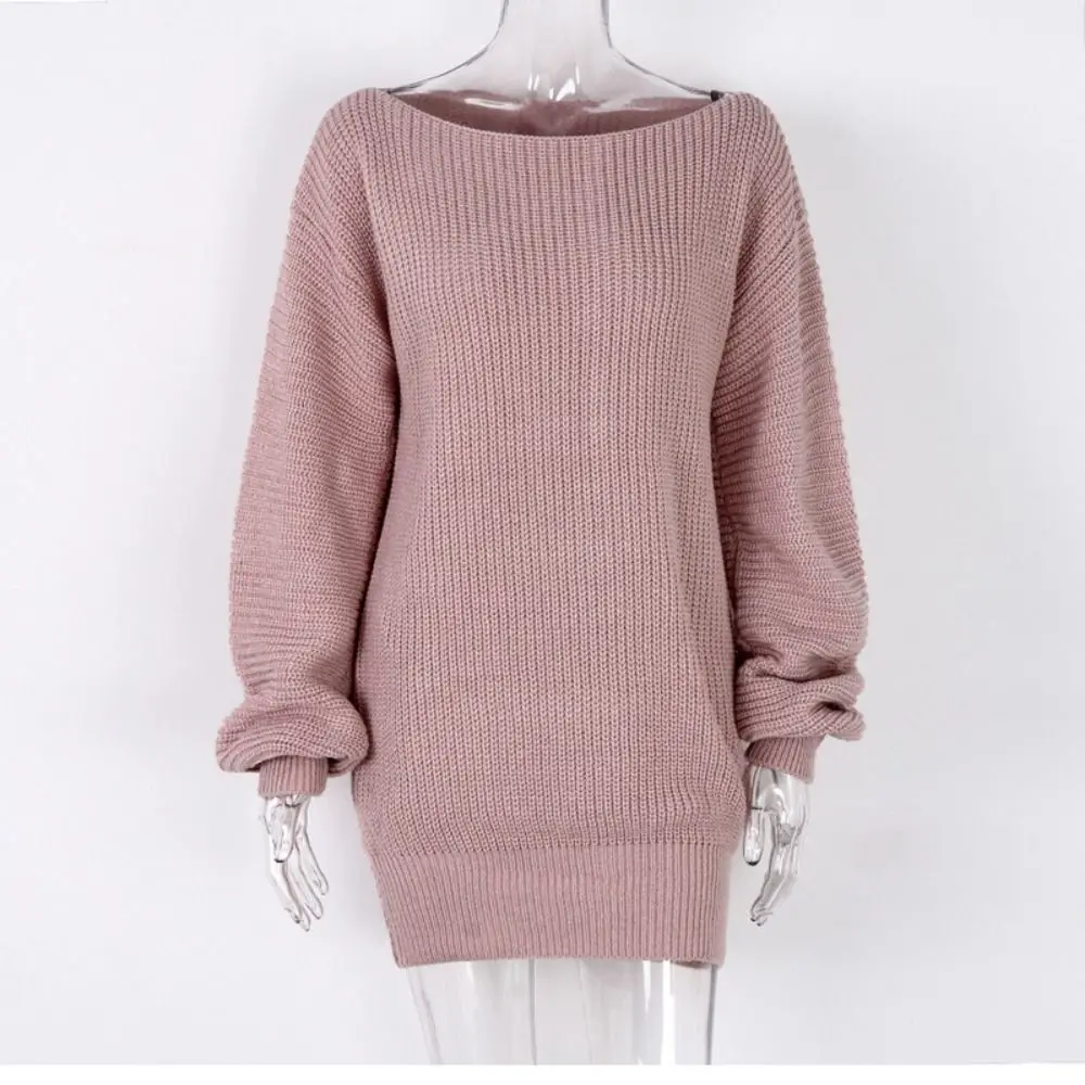 Solid Color Off Shoulder Sweater Dress Long Sleeve Soft Women's Sweater Pullovers Chunky Ribbed Long Pullover Jumper Winter