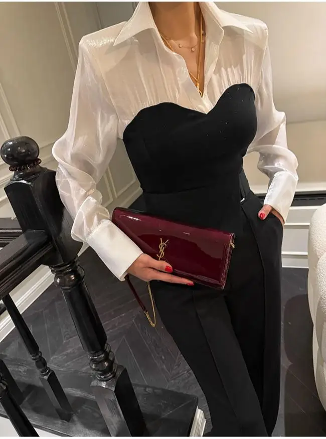 

Ele Commuter Sle Long Sve irt Women's Casual Slimming Splice Design Breathable Comfortable Korean Version Faux Two...