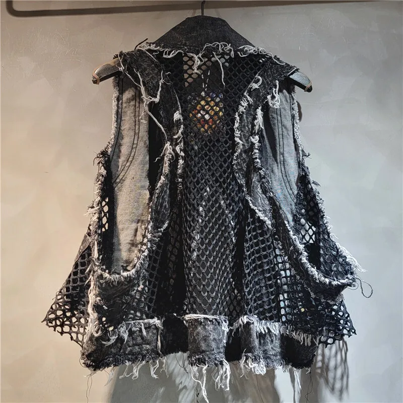 HKSH Personalized Trendy Brand Unique Washed Distressed Denim Vest Women\'s Tide Punk Waistcoat Autumn New Mesh Patchwork HK3121