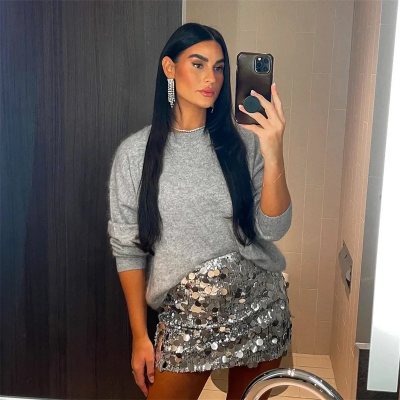 New Silver Sequin Skirt Woman High Waist Mini Skirt Woman Fashion Shiny Glitter Elegant Short Skirts For Women Y2k Skirts
