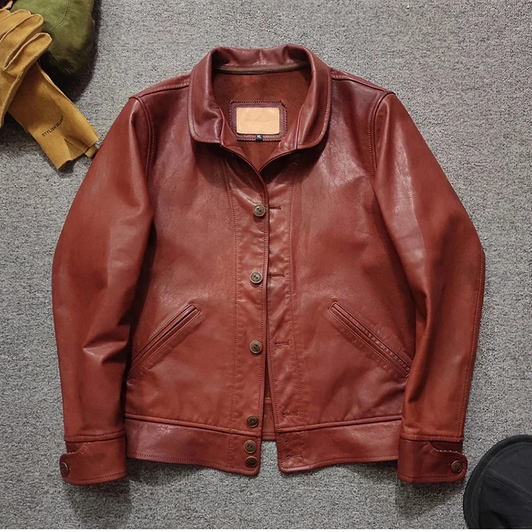 YR!Wholesales.Vintage style genuine leather jacket.Luxury quality oil goatskin coat.Brand new cloth.No lining