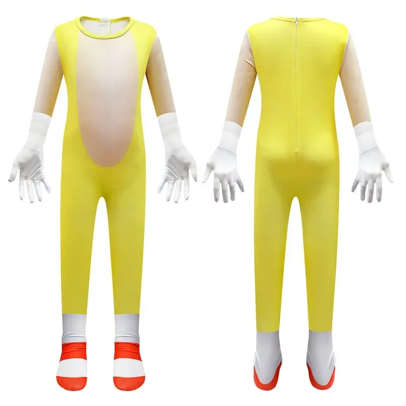 2025 New Kids Sonic Anime Miles Cartoon Jumpsuit Mask Gloves Set Outfit for Boys Girls Christmas Halloween Cosplay Costume AA