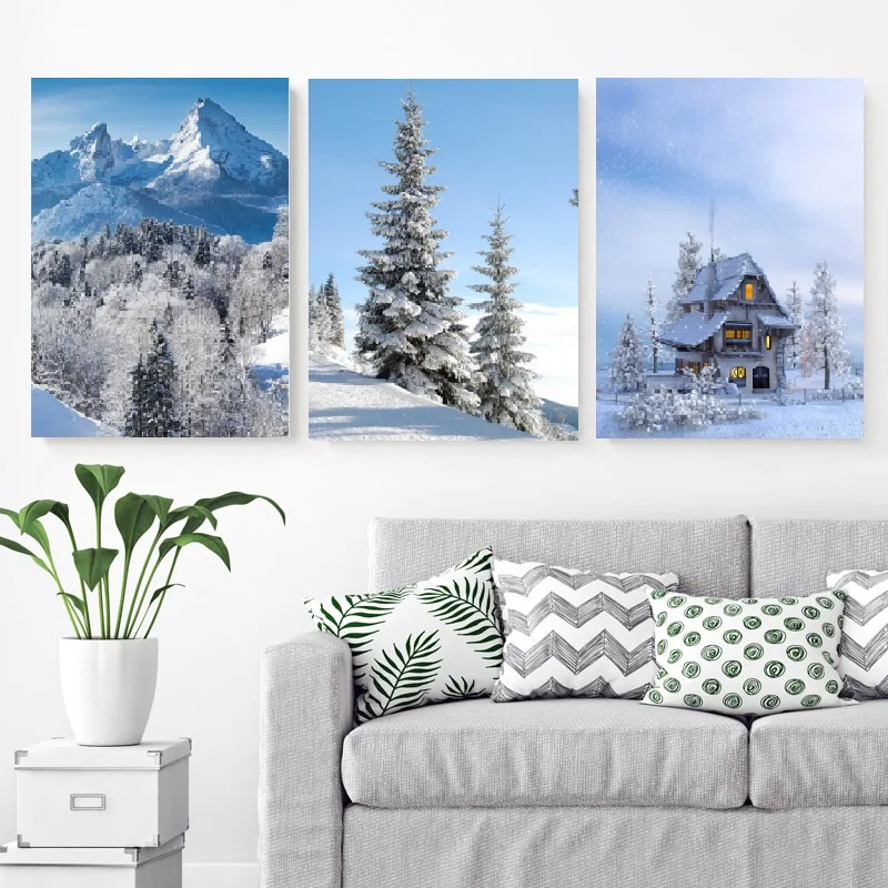 Modern Winter Landscape Poster Fantasy Snow View Cabin Picture Mountain Range Pine Leaf Forest Painting Hotel Room Decoration