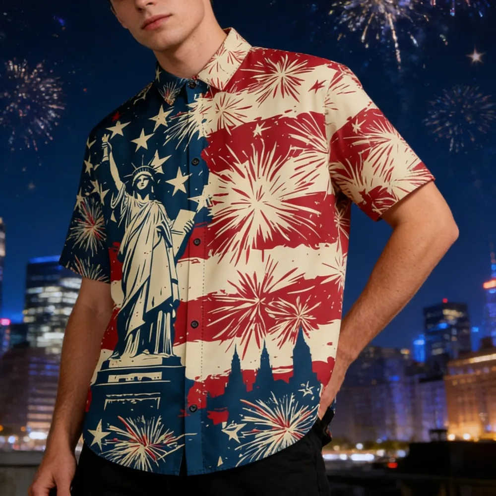 Retro Vintage Button Down Shirt for Men July 4th Patriotic Short Sleeve Top Hipster Stripes Design Shirts for Independence Day