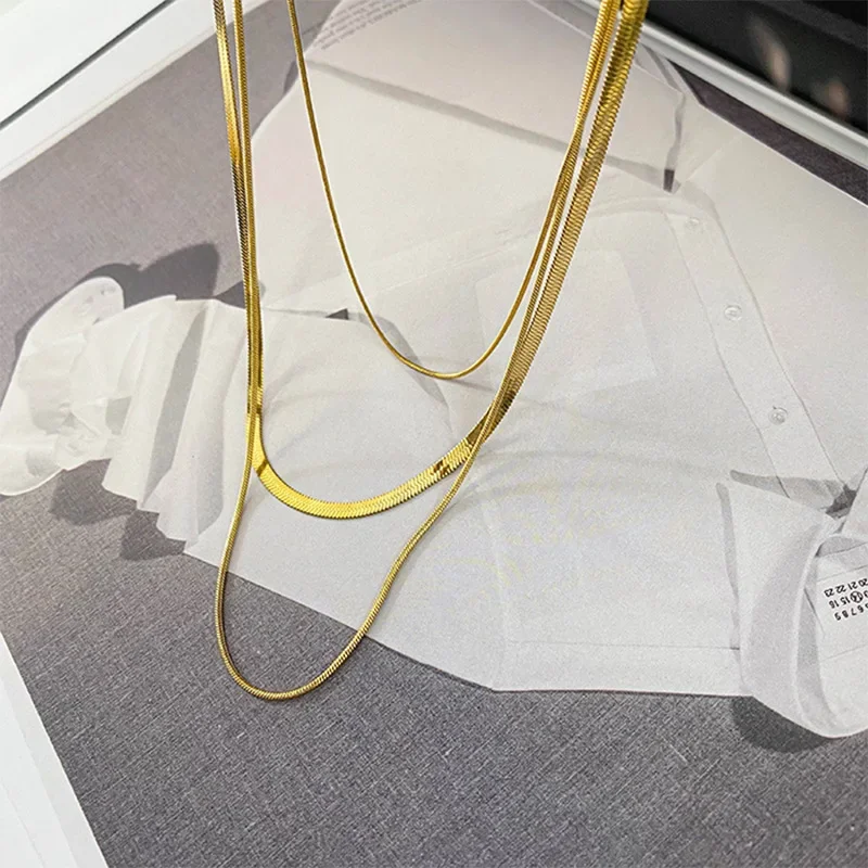 Stainless Steel Exaggerated Personality Multilayer Gold Color Snake Chain Necklace for Women Temperament Bride Jewelry Colorfast