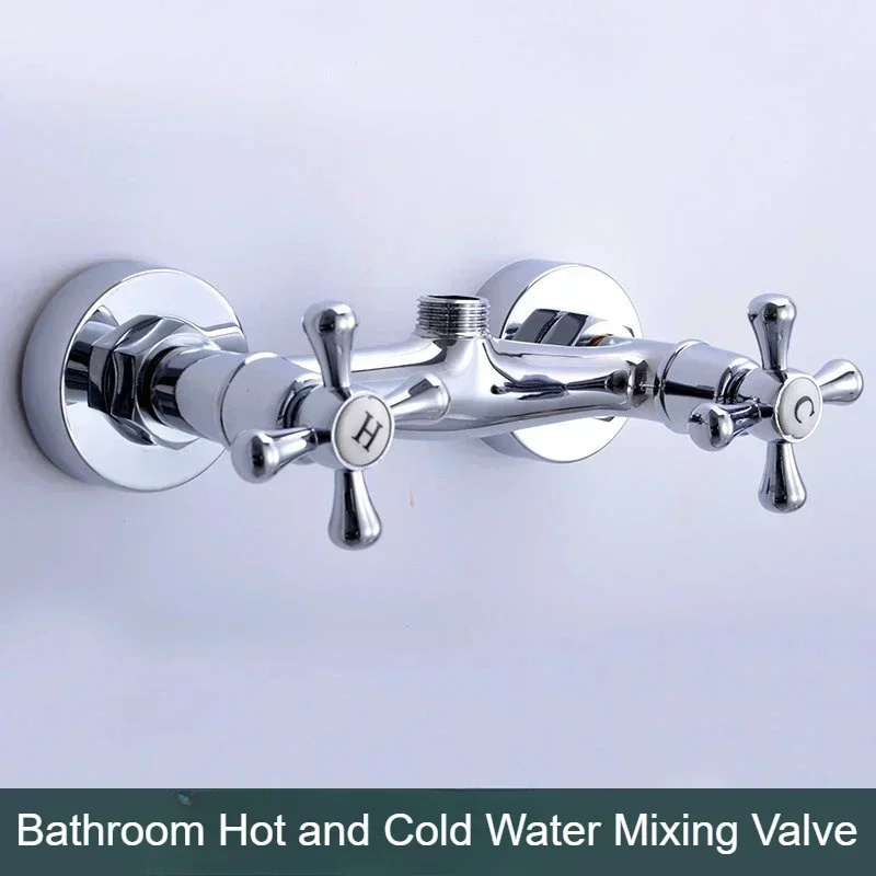 Wall Mounted Shower Faucet Hot and Cold Water Tap Shower Accessories Double Handle Double Control Brass Bathroom Mixer Faucet