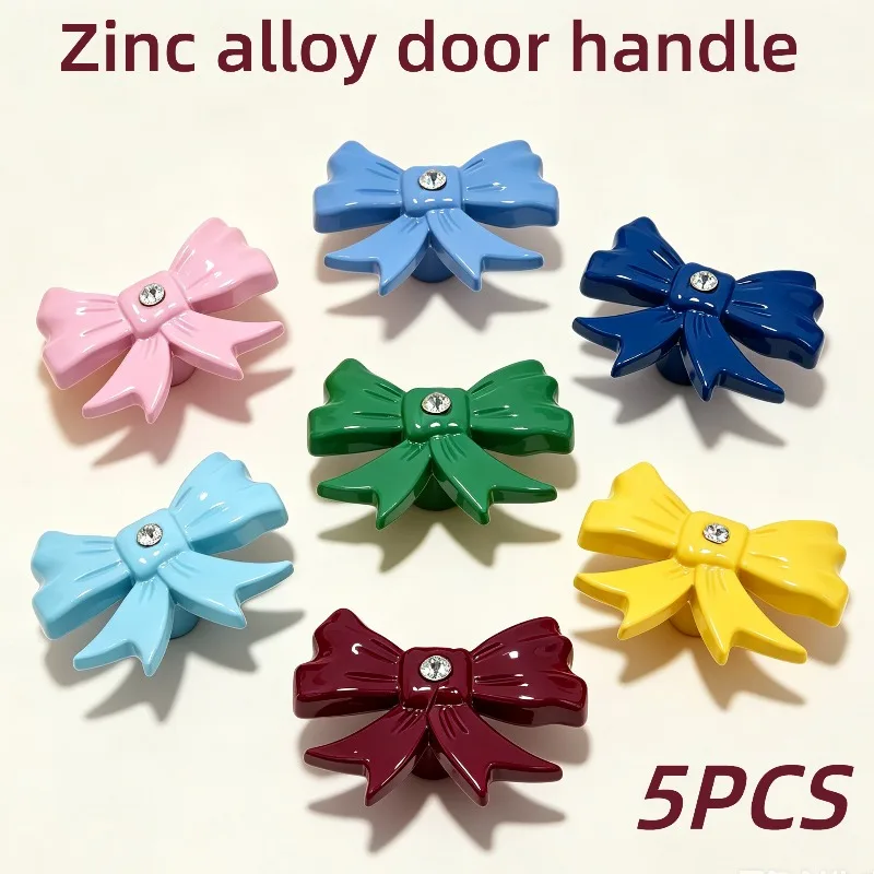 5PCS Pastel 3D Rhinestone Bow Knob Single Hole Zinc Alloy Cute Crystal Drawer Pull Handle Kids Cabinet Decor Hardware Dresser