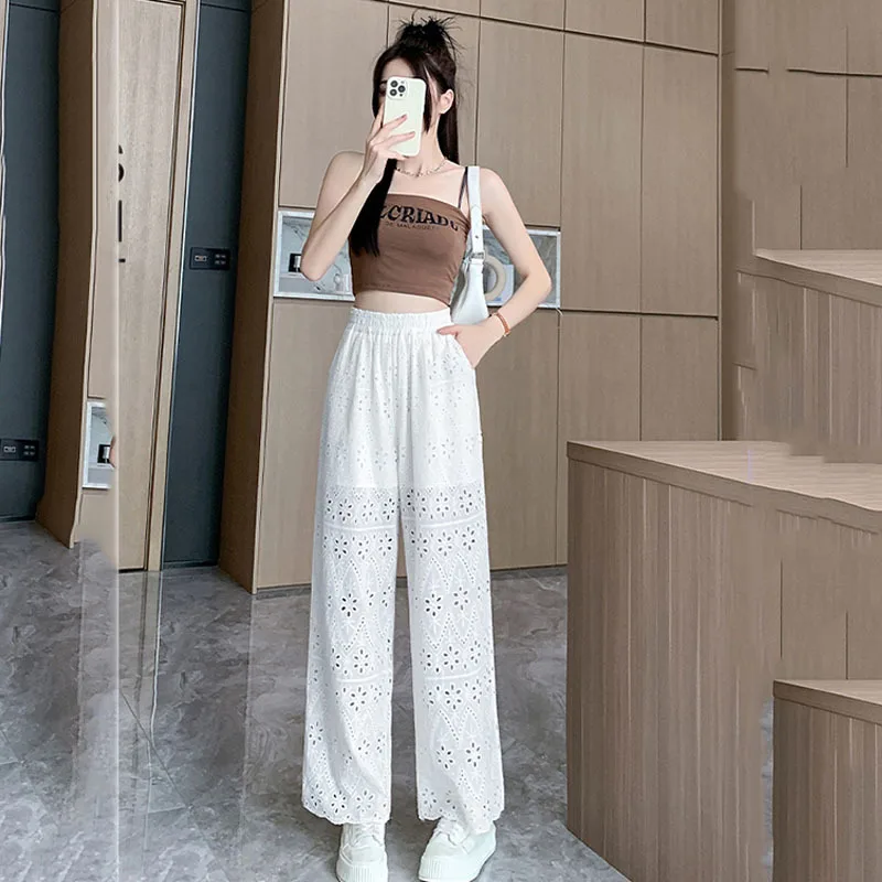 Lace Hollow-Out Casual Loose Wide Leg Trousers Female Large Size Summer High-Waist Slim Pants Korea Fashion Clothes For Women