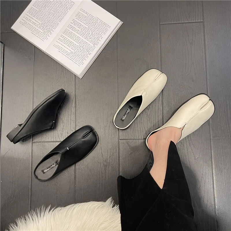 Women Split Toe Slippers Tabi Ninja Slip Flats Round Toe Shallow Lazy Black Slip On Boat Slingback Mules Shoes Soft Loafers