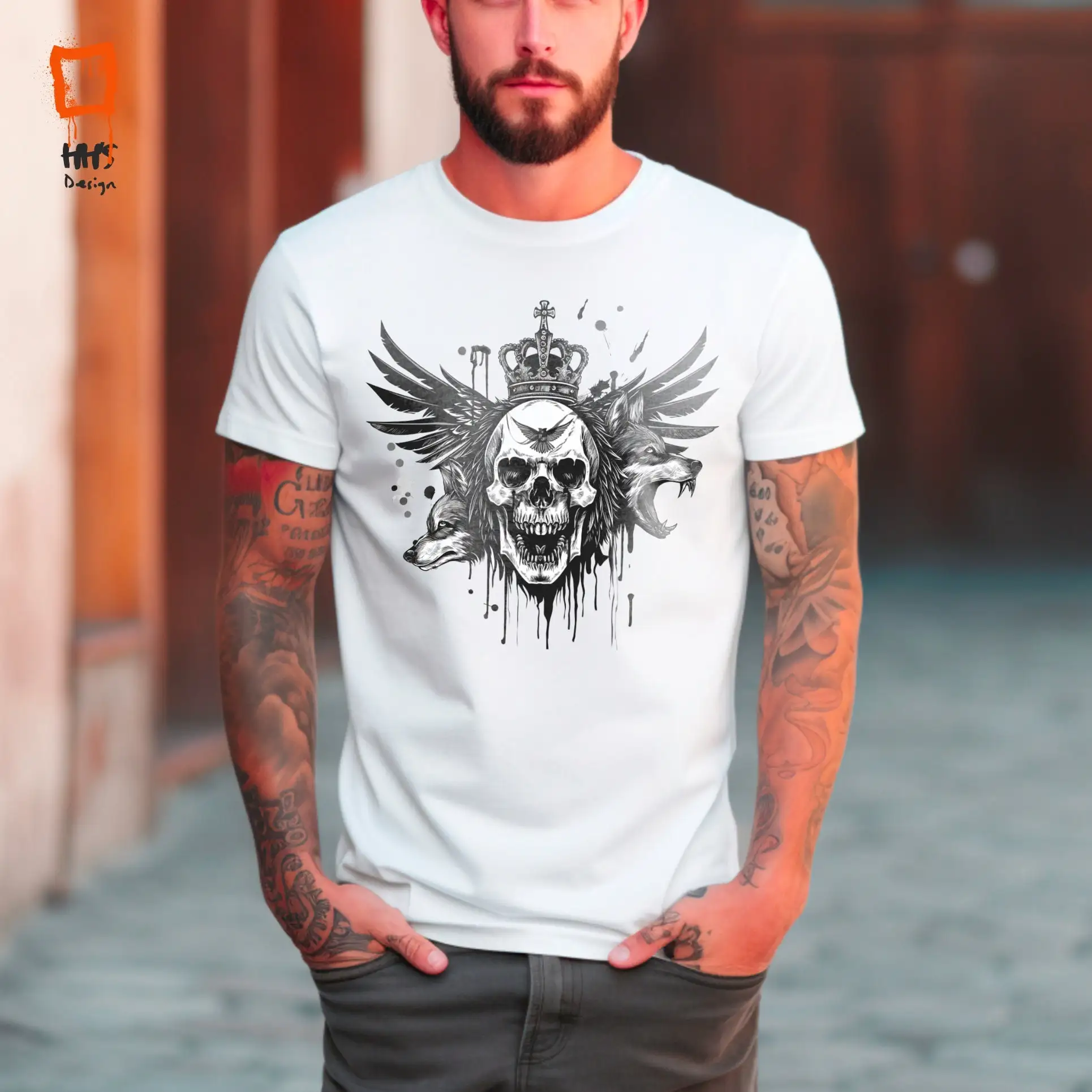 

Футболка с черепом Sovereign Knot Crowned and Wings, капающие чернила, готический дизайн, топ на Хэллоуин