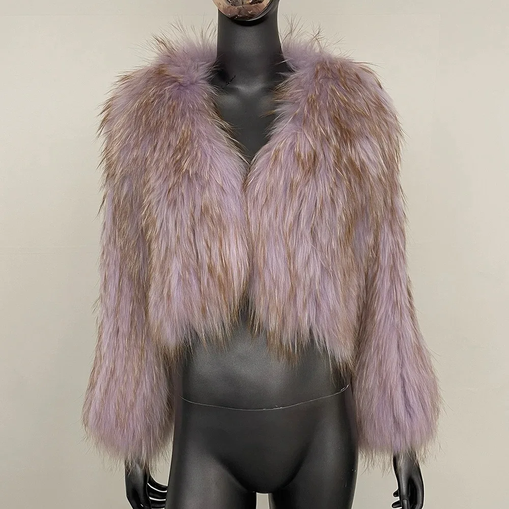 Chaqueta de piel de mapache Natural con cuello en V cálido 2025 Otoño Invierno nuevo abrigo de piel grueso de doble cara para mujer corta europea