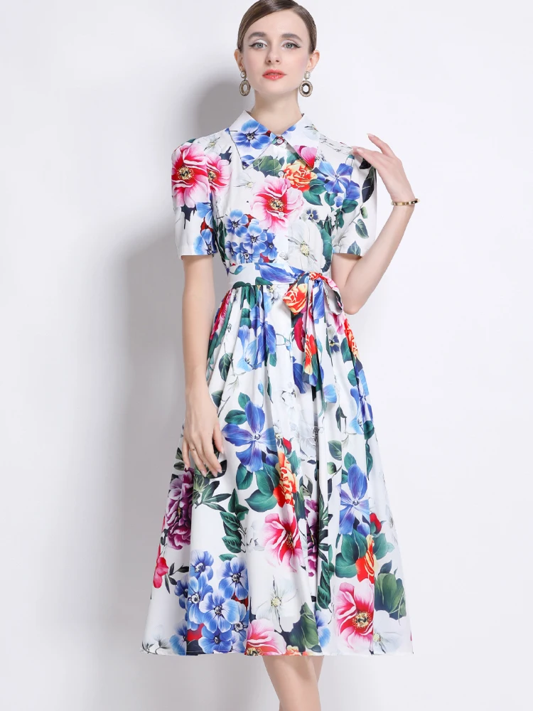 Abito camicia con stampa floreale moda temperamento per donna manica corta bavero femminile cintura petto abito da festa abito da festa