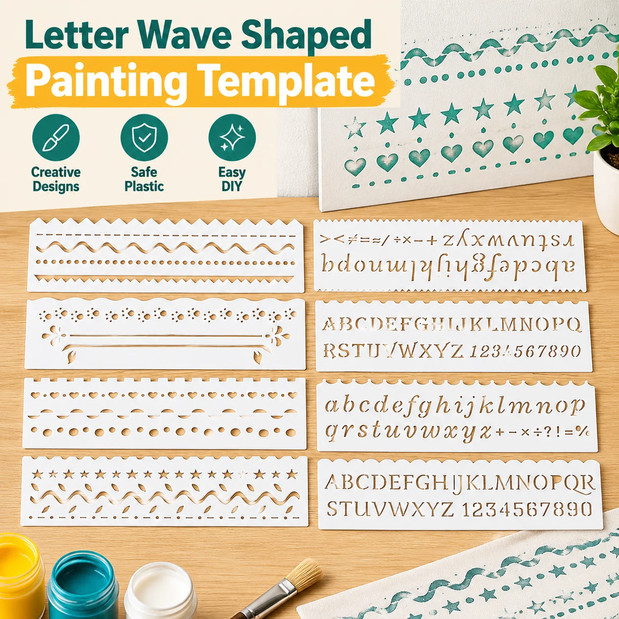 Letter Wave Shaped Painting Template 8 Designs DIY Spray Print Draw Hollow Stencil Set Safe Plastic White 18.5x5.5cm for Wall
