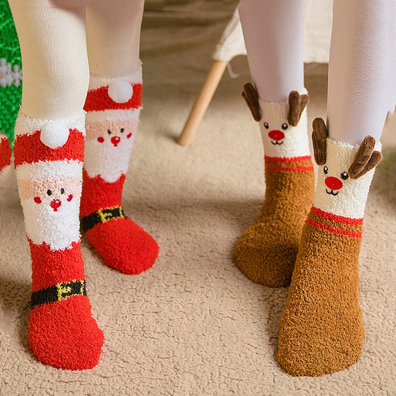 Christmas socks Autumn winter cartoon family Christmas socks gift box with coral velvet socks and velvet warm mid-tube floor soc