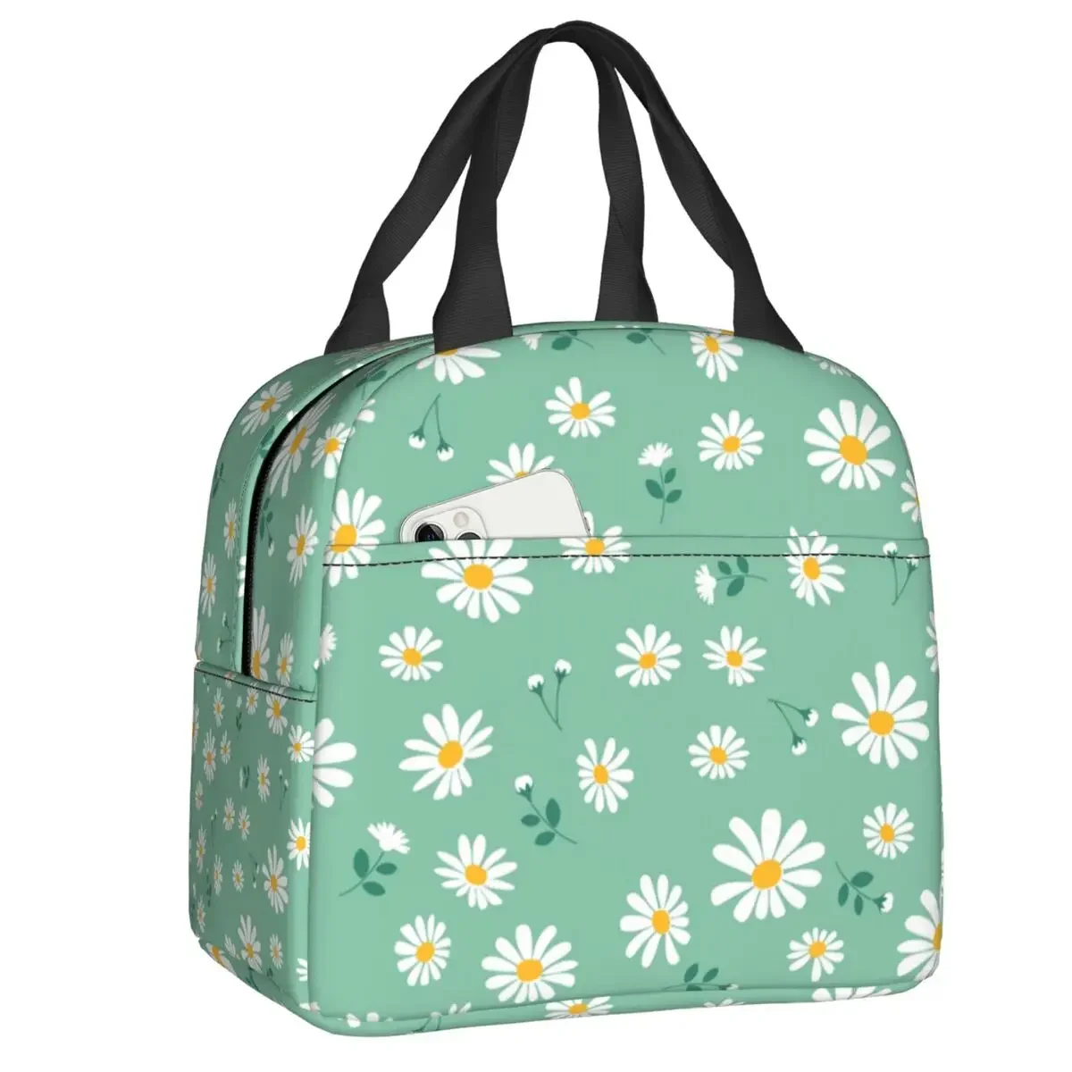 Custom Daisy Floral Lunch Bag Women Cooler Thermal Insulated Daisies Flower Lunch Box for Kids School Work Picnic Food Tote Bags