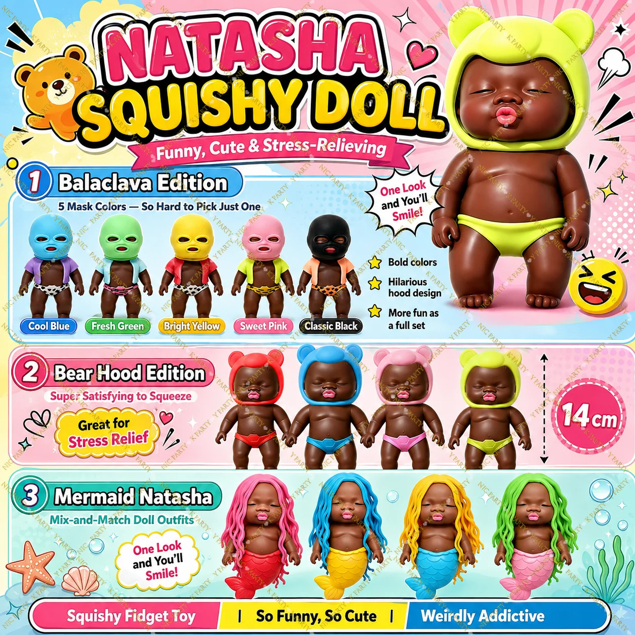 14cm Funny Kawaii Natasha Black Doll Squeeze Squishy Desk Decoration Stress Relief ASMR Model Birthday Christmas HalloweenGift