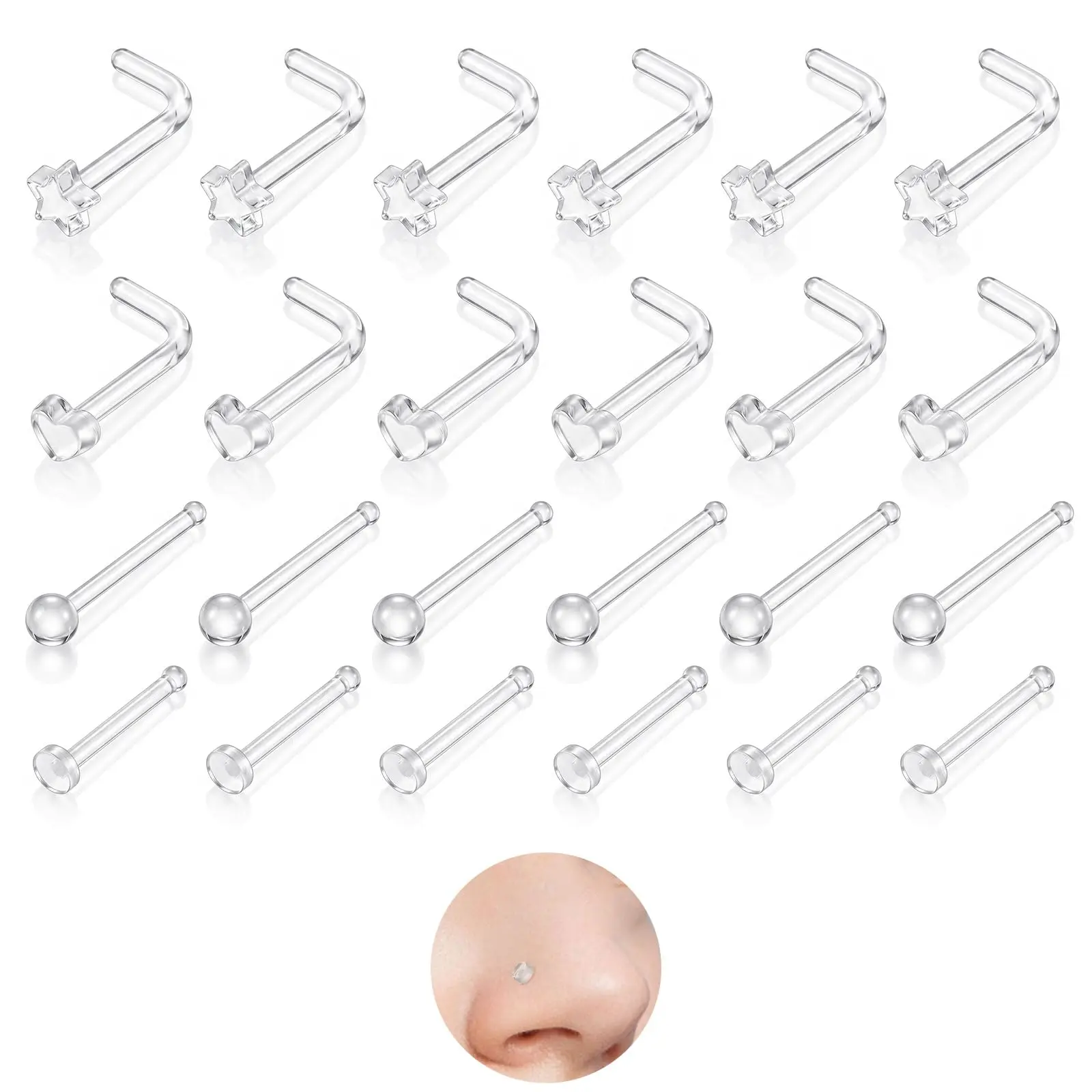 Clear Nose Studs 24Pcs 14G Straight L Shape Plastic for Work 2mm Round Star Heart Top Invisible Piercing for Surgery Sport 7mm