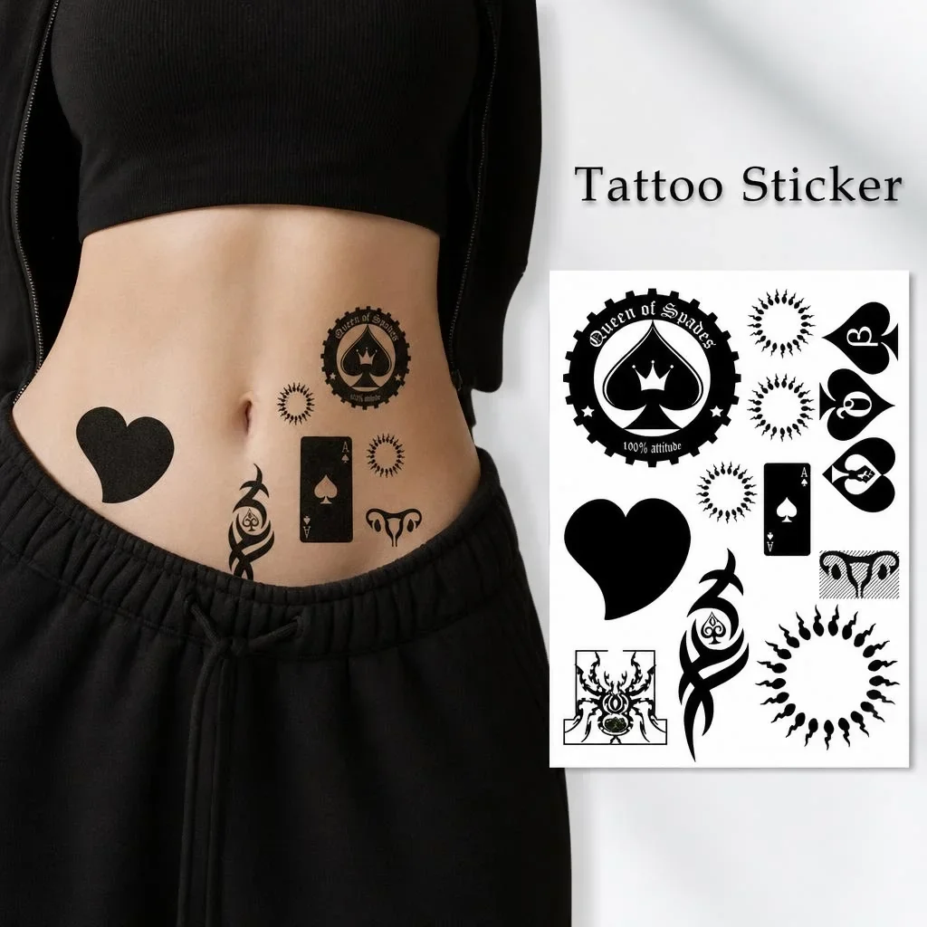 1 Sheet Per Pack Temporary Tattoo Sticker Black Waterproof Long Lasting Spade Poker Tribal Waist Lower Abdomen for Women