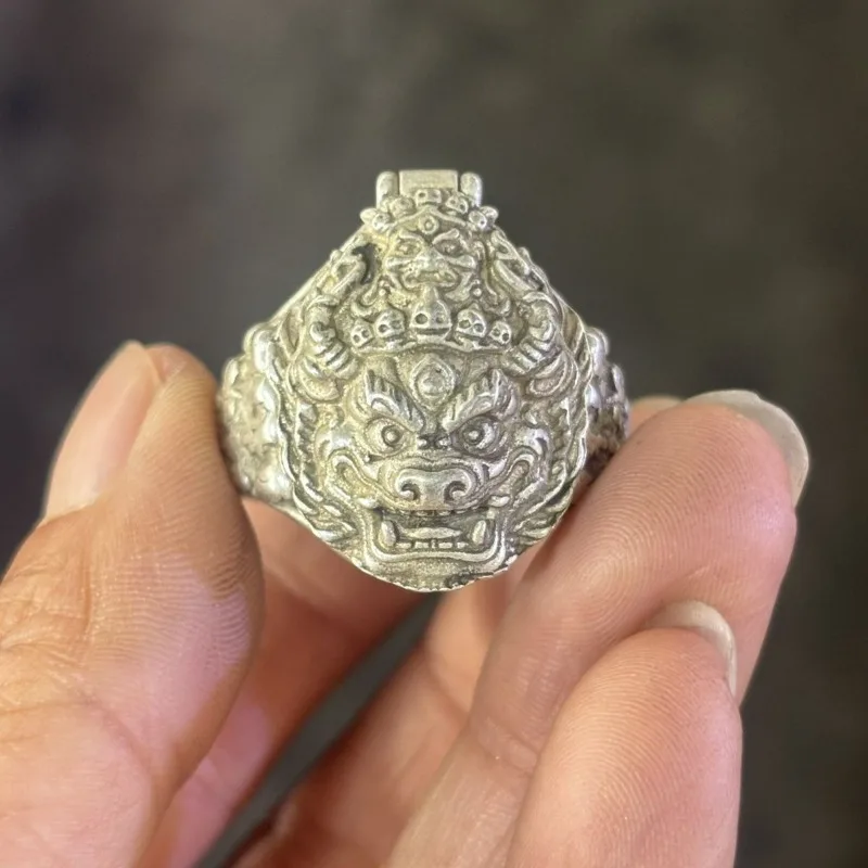 Retro Tibetan Ethnic Open Ring, Copper‑Plated Carved Zakiram Female Wealth Deity Adjustable Vintage Spiritual Finger Jewelry