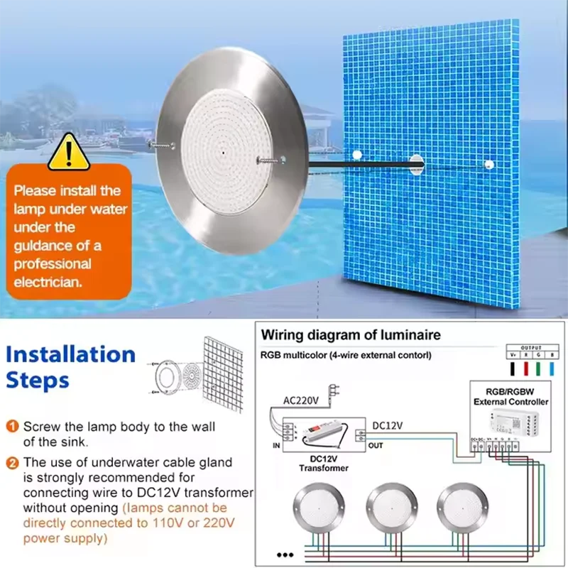 RGB Pool Projector LED 6W 12W 18W 24W 35W Tuya WIFI APP Stainless Steel Resin Filled Waterproof IP68 Flat Surface Mounted